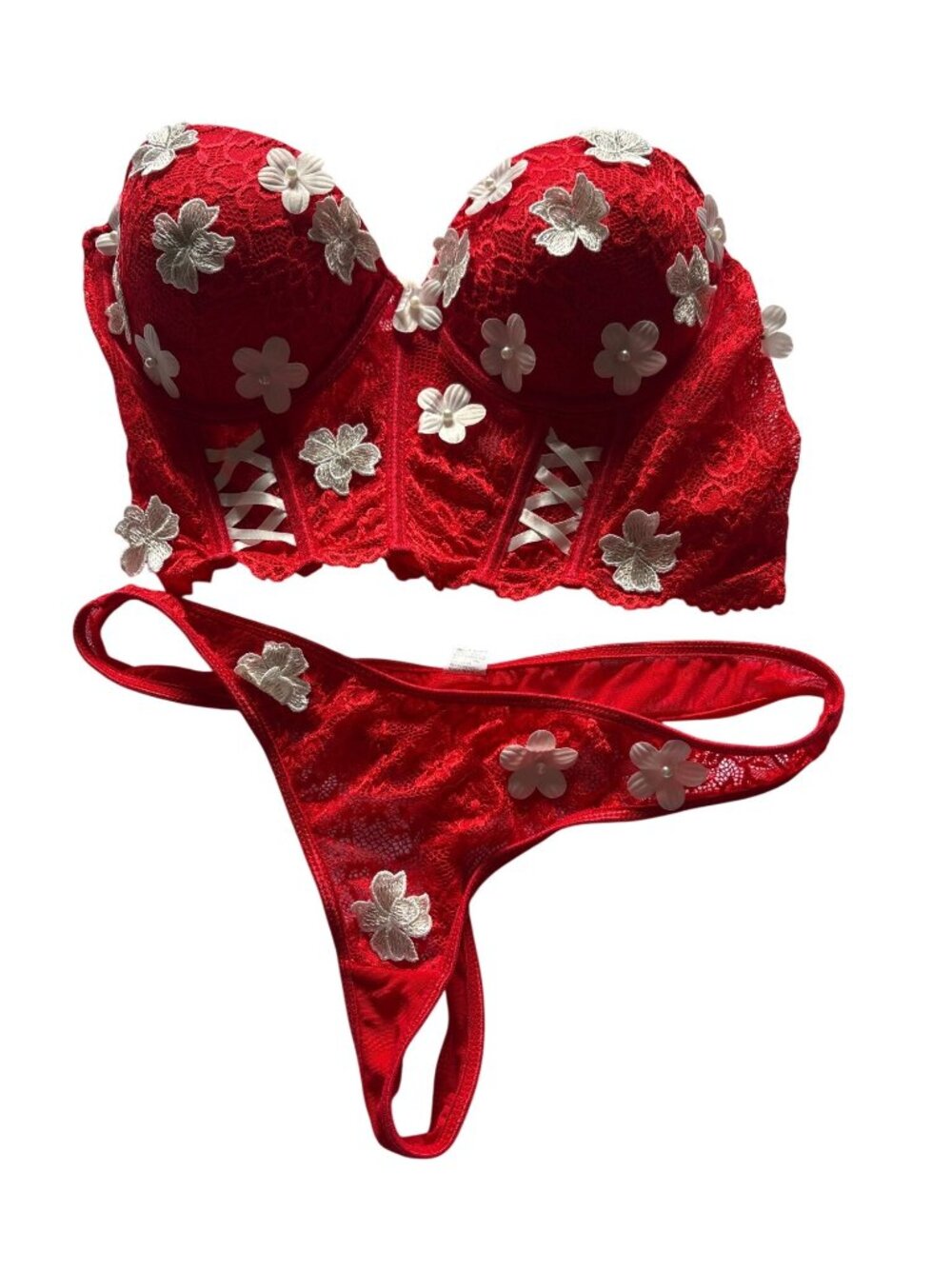 Red Lace Floral Embroidered Lingerie Set With Bra & Thong Adjustable Size Large
